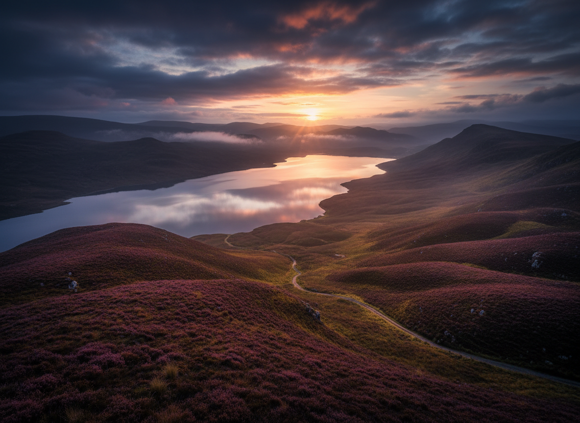 A breathtaking Scottish Highlands landscape with dramatic rolling hills, a misty loch reflecting moody golden-hour light, heather-covered moorland in the foreground, and brooding clouds overhead. Cinematic, travel photography style.